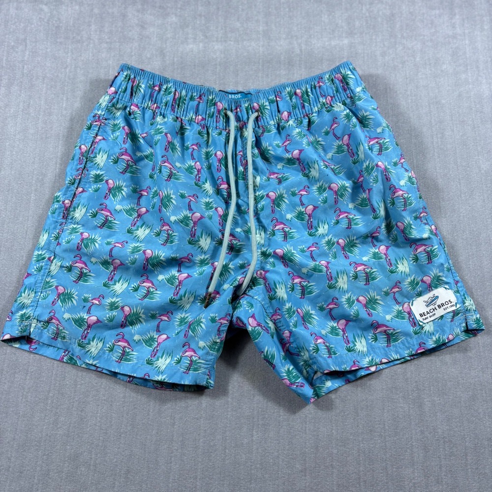 Beach Bros Swim Trunks Mens Small Blue Flamingo Tropical Surf Shop Board Shorts